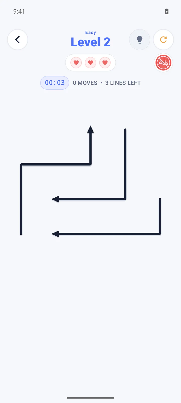 Arrow Puzzle gameplay screen with three arrow paths