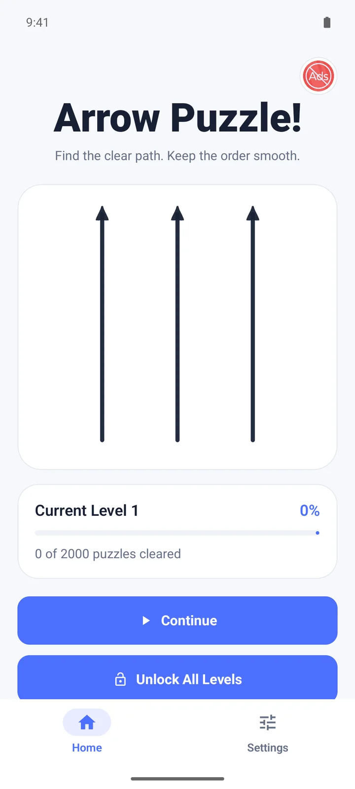 Arrow Puzzle home screen showing current level and progress