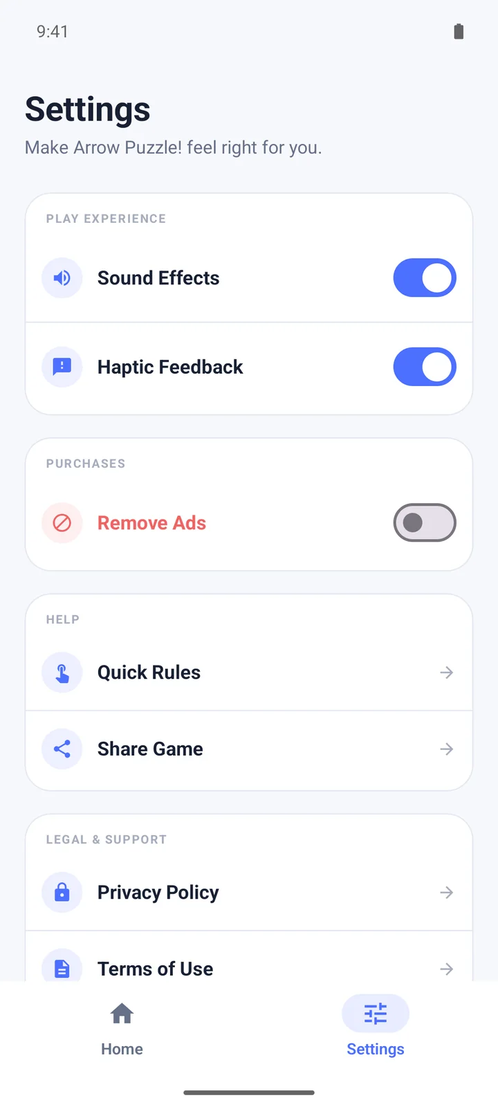Arrow Puzzle settings screen with sound, haptics, purchases, and support